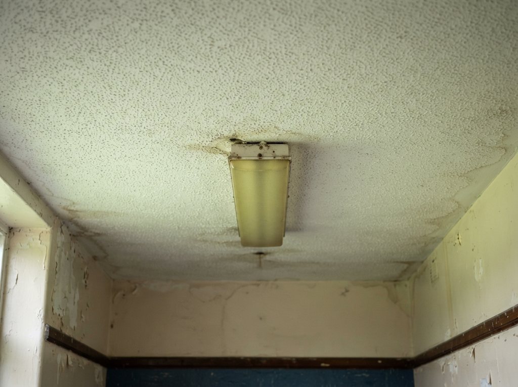 Suspended ceiling tiles in a 1980s office, sampled before a refit.